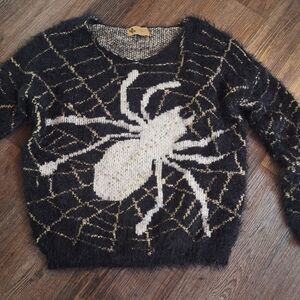 Black Fuzzy Crewneck Sweater with Cream Spider Graphic
